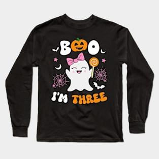 Boo I'm Two Ghost Three 3rd Birthday Groovy Halloween Girls Long Sleeve T-Shirt